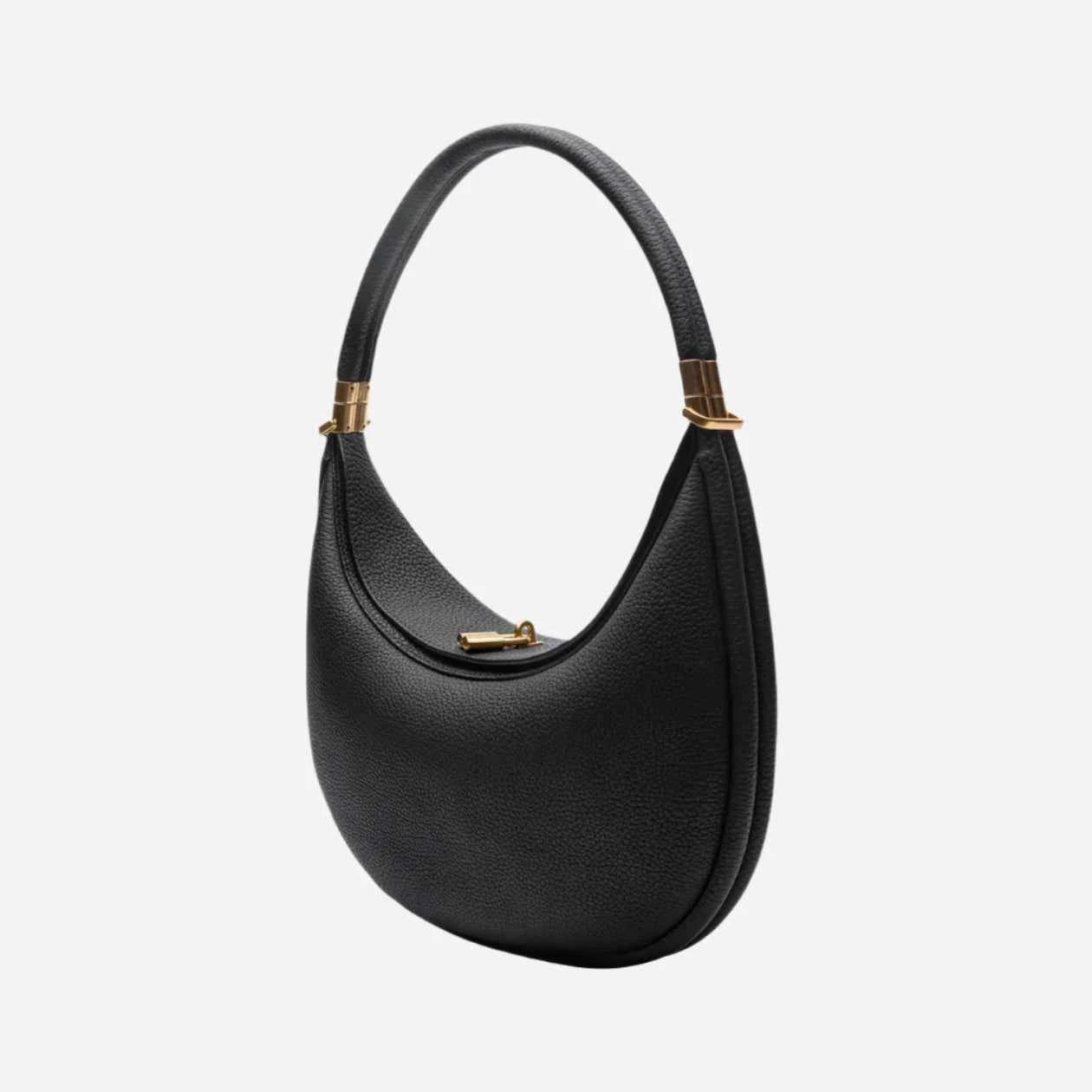Black Luna  handbag with gold accents on a white background